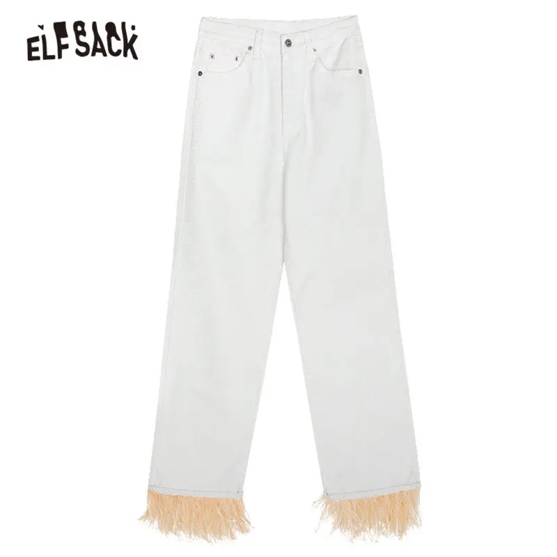 ELFSACK модные корейские джинсы со съемным перьевым подолом женские джинсовые штаны