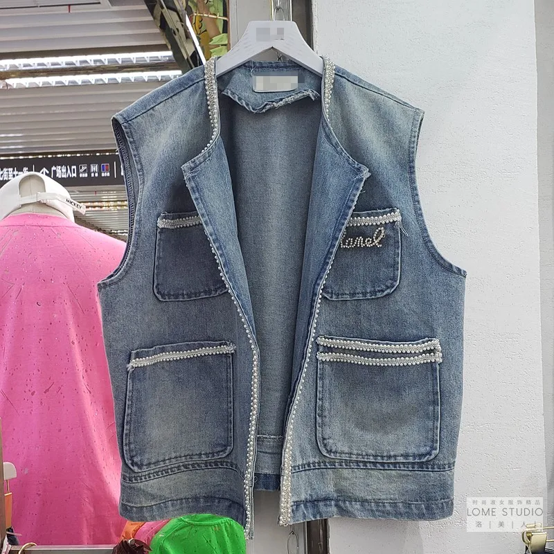 

Женский джинсовый жилет, новинка 2020, эксклюзивный женский тяжелый джинсовый жилет с бисером, свободный женский жилет