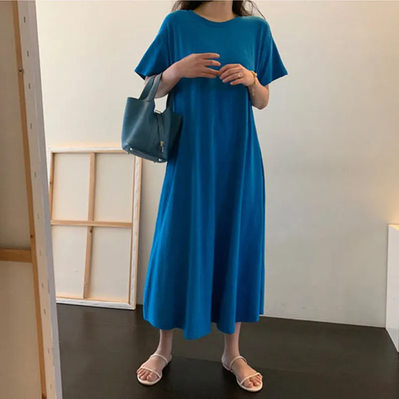 

Johnature 2021 New Solid Color Causal Simple Women T Dresses Summer All Match O-neck Short Sleeve Pockets A-Line Dress