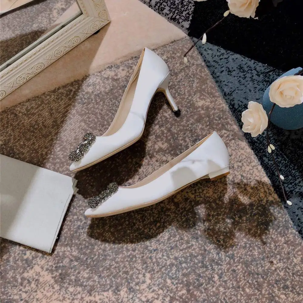 White 7cm heels Junetxin/женские туфли-лодочки со стразами; элегантные пикантные женские туфли на высоком каблуке; женская обувь с острым носком; женские туфли-лодочки из экстремальной кожи - Цвет: White 7cm heels