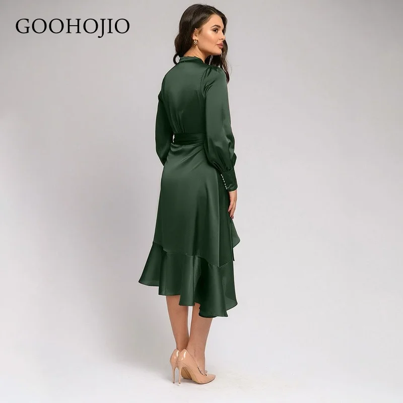 

GOOHOJIO 2021 New Spring and Autumn V-neck Women Long Sleeve Dress Fashion Temperament Dress Women Satin chic Dress for Ladies