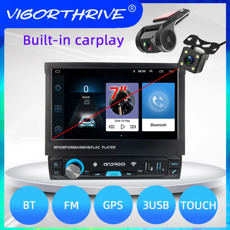 

VIGORTHRIVE Car Radio 1 Din Android 7'' Carplay Bluetooth 4.0 GPS Navigation WIFI 3 USB Electric Retractable Touch Screen