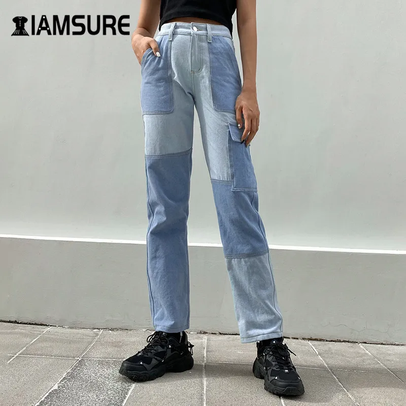 

Женские джинсовые брюки IAMSURE Kpop в стиле пэчворк, уличная мода, с высокой талией и карманами, женские прямые джинсовые брюки в стиле Харадзюку...