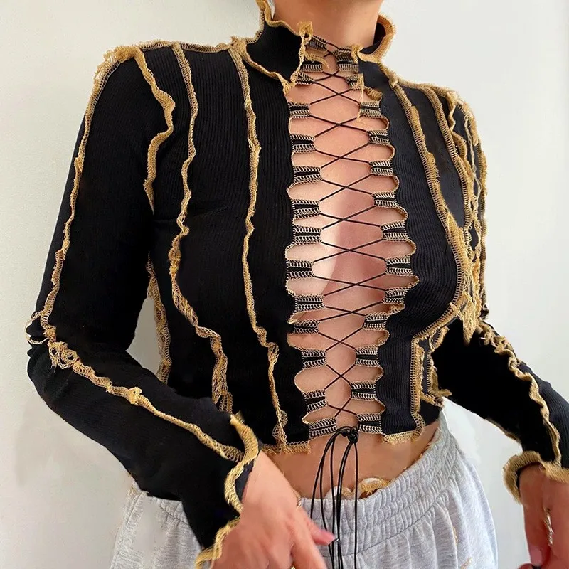 

Ribbed Patchwork Women Tie Front Top Fashion Lace Up Hot Sexy Hollow Out Crop Tops Club Spring Mock Neck Bodycon Tees