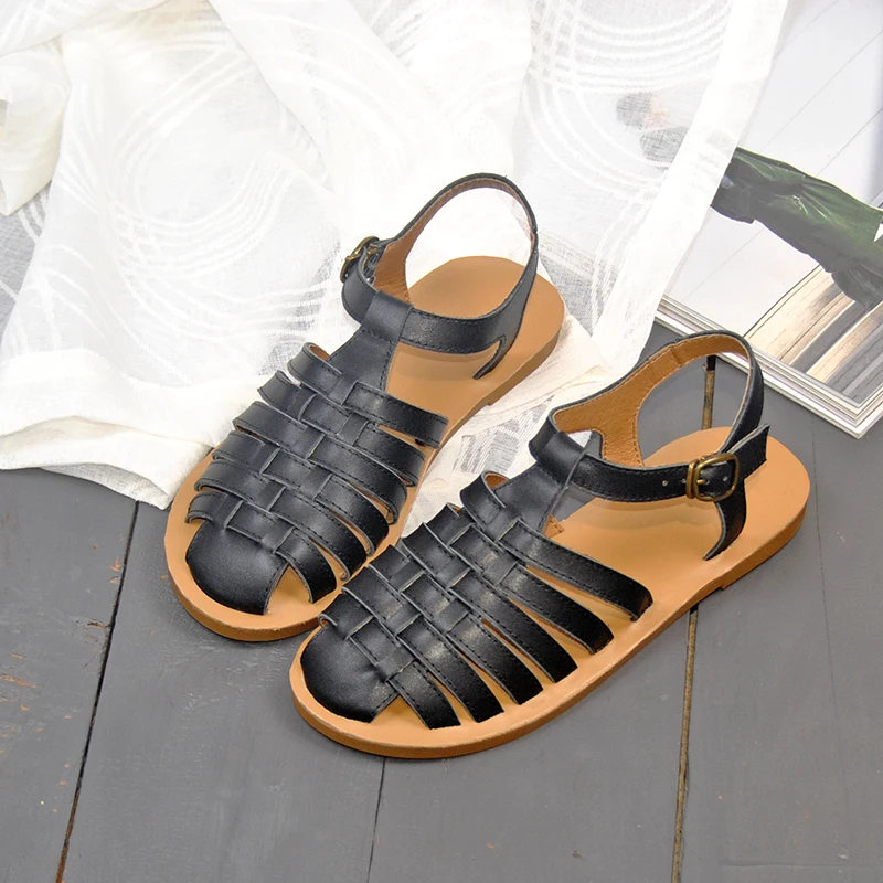 

Summer Women Rome Real Leather Flat Sandals Vintage Weave Buckle Sandals Outdoor Casual Gladiator Sandals Female Plus Size