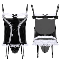 iefiel mens wetlook sissy gay lingerie maid exotic costumes sets straps garters hollow out chest open butt corset with g string