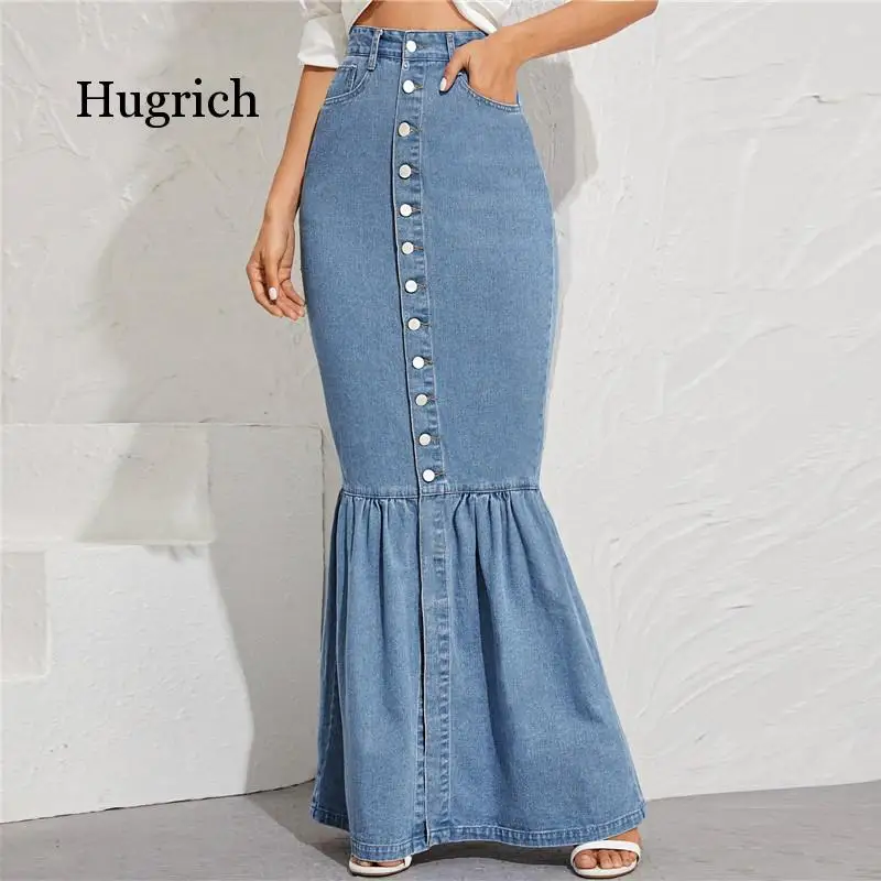 

Женская юбка Harajuku в Корейском стиле модная обувь синего цвета на пуговицах с неравномерным подолом Свободная юбка из денима размера плюс в ...