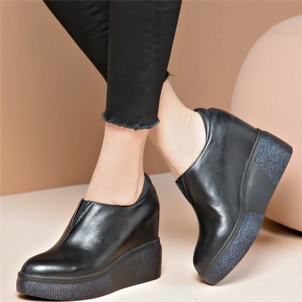 Chunky Platform Oxfords Shoes Women Genuine Leather Wedges High Heel Ankle Boots Female Round Toe Fashion Sneakers Casual Shoes