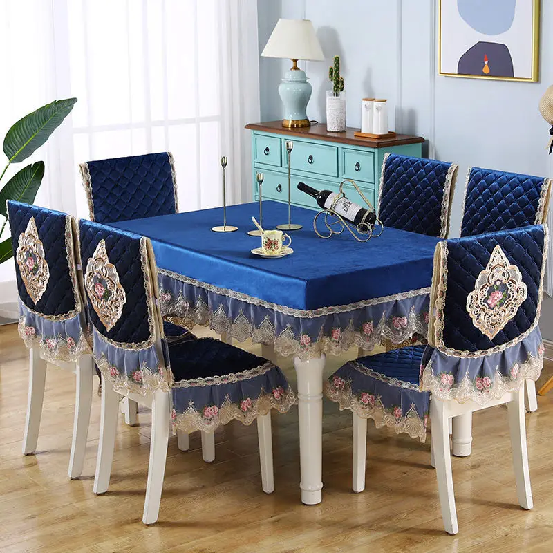 

Velvet Embroidered Dining Table Cloth Lace Backrest Blue Wedding Tablecloth Chair Cover Seat Covers for Kitchen Chair Home Decor