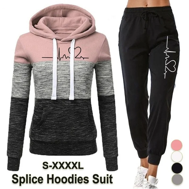 

New Womens Tricolor Hoodie Suit Two Piece Outfits Hooded Sweatshirts Pants Sets Sports Jogging Suit Hoody Tracksuits S-4XL