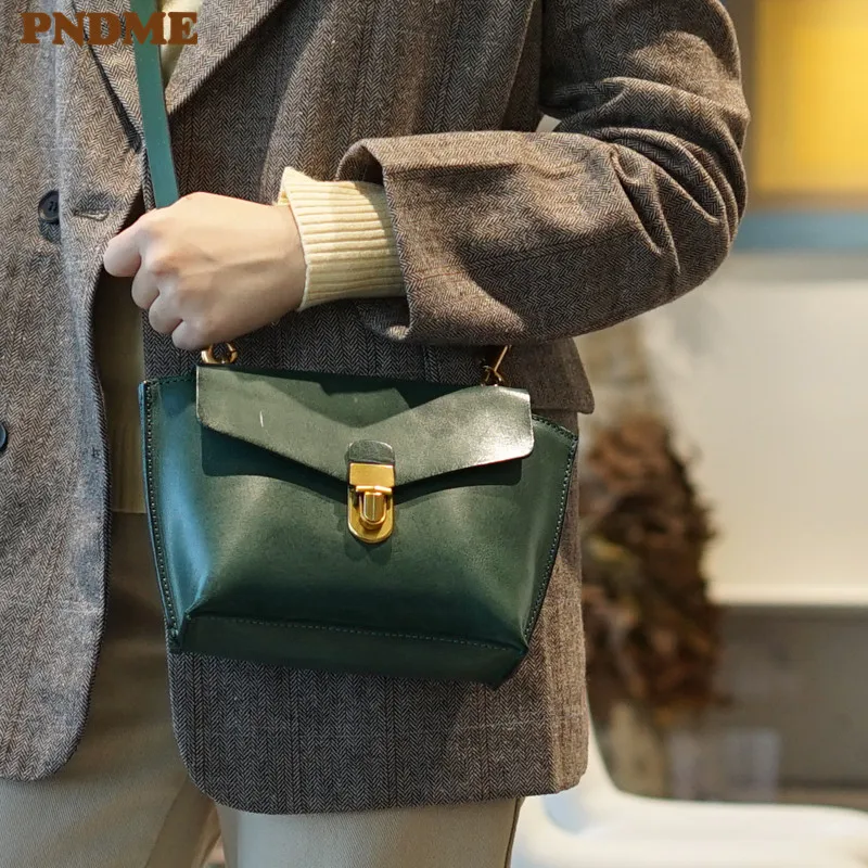 PNDME fashion designer luxury genuine leather ladies cute green small messenger bag natural real cowhide women's shoulder bag