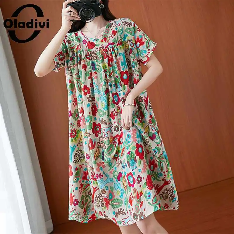 

Oladivi модное Повседневное платье большого размера с цветочным принтом и коротким рукавом, женские летние платья 2021, свободные платья до коле...