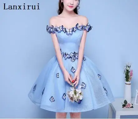 

Sexy Off the Shoulder 3D Butterfly Pleated Ball Gown Party Dresses Light Blue Women Formal night Dress Gowns Vestidos