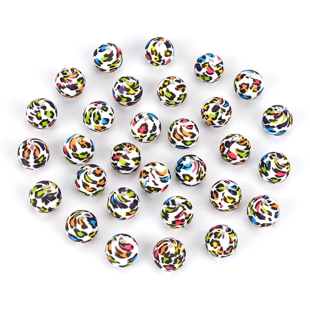 Silicone Beads 10Pcs Leopard Print 12/15/19mm Baby Teether Teething Beads Tie-dye DIY Jewelry BPA Free Pacifier Clip Making