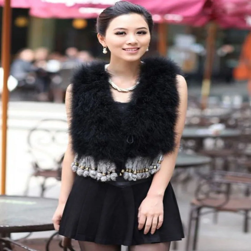 Fashion women's ultra-thin vest short paragraph pure natural ostrich feather vest multi-color fur rabbit fur tassel vest