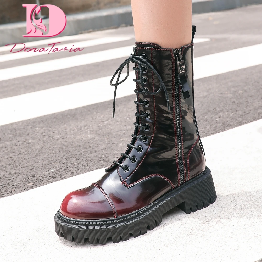 

DoraTasia Brand New Ladies Genuine Leather Boots Fashion Platform Chunky Heels Ankle Boots Women Zipper shoelace Shoes Woman