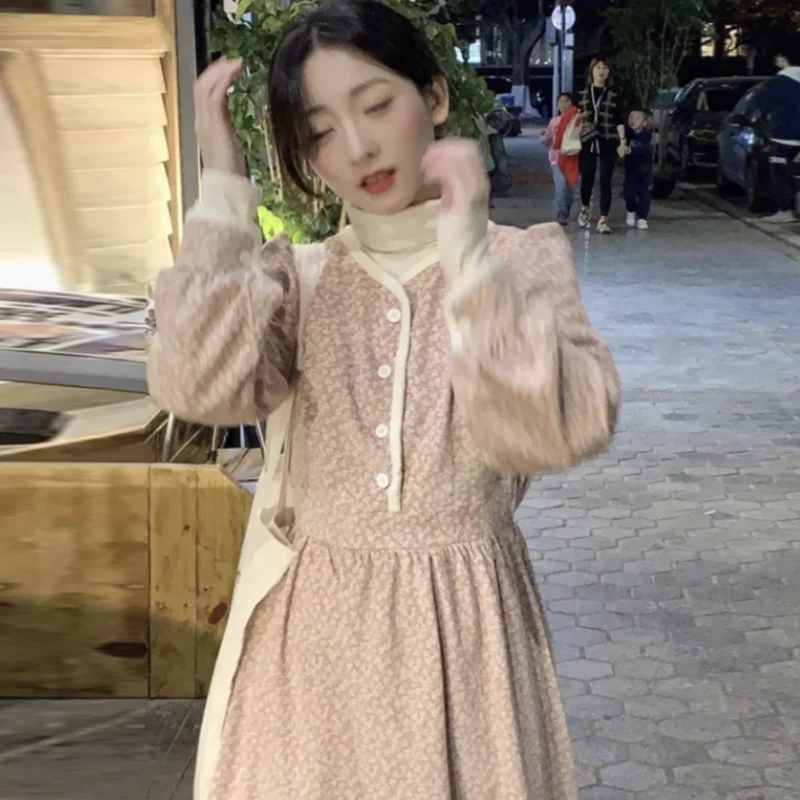 

Woman Dress 2021 Autumn New Korean Fashion Commuter Corduroy Elegant Gentle Floral Design Long Dresses Vestidos