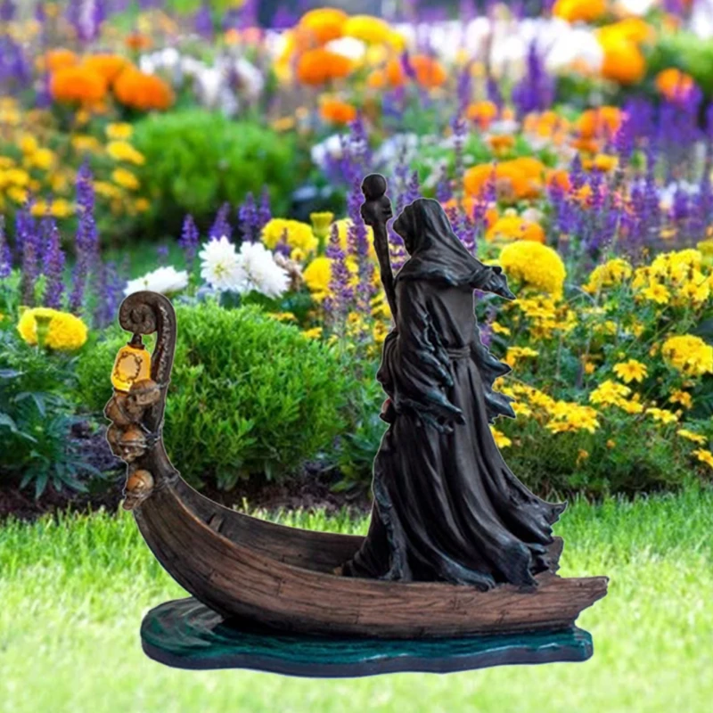

God of Death Design Statue Charons of the Dead on Boats Lantern Soul Ghost Figurine Home Fairy Garden Decorations