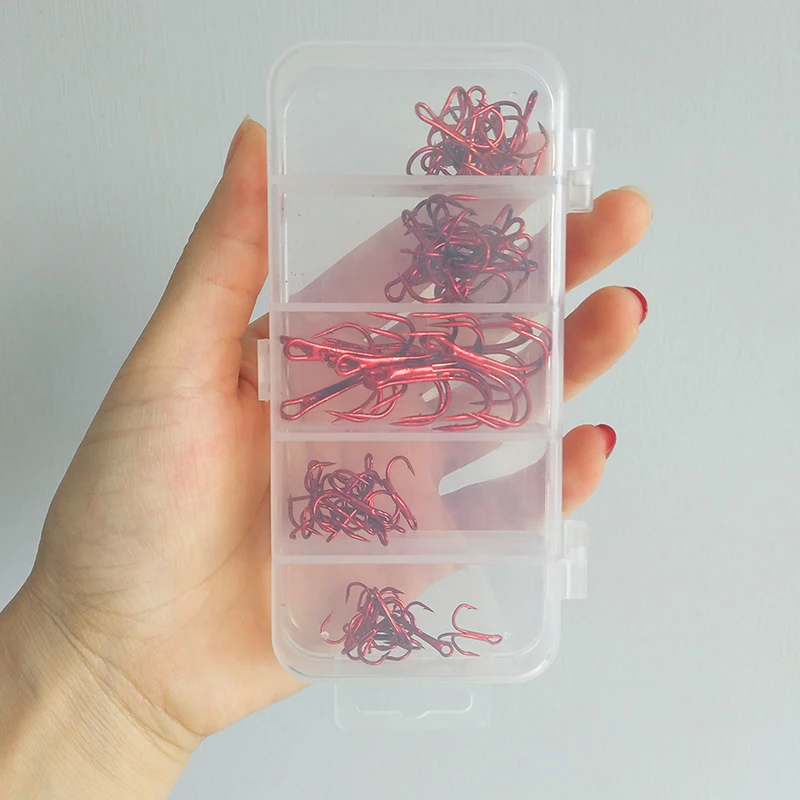 

50pcs Treble Fishing Hooks Fishing Tackle Carbon Steel Barbed Fishhooks Super Sharp Triple Hooks Sea Tackle Accessories with Box