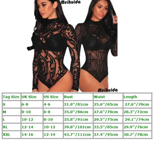 

Women Sexy Sheer Mesh Lace Jumpsuit Long Sleeve Top Turtleneck Bodysuit Sexy Sleepwear Bodysuits