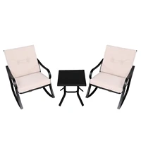 2pcs Strap Rocking Chair And 1pc Coffee Table Disassembly and Assembly Black Frame Beige Cushion Outdoor Furniture