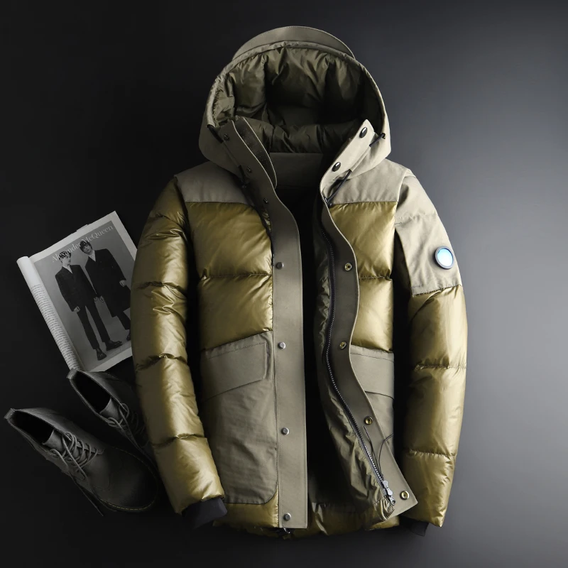 Мужская куртка на белом утином пуху черная теплая парка с капюшоном и перьями