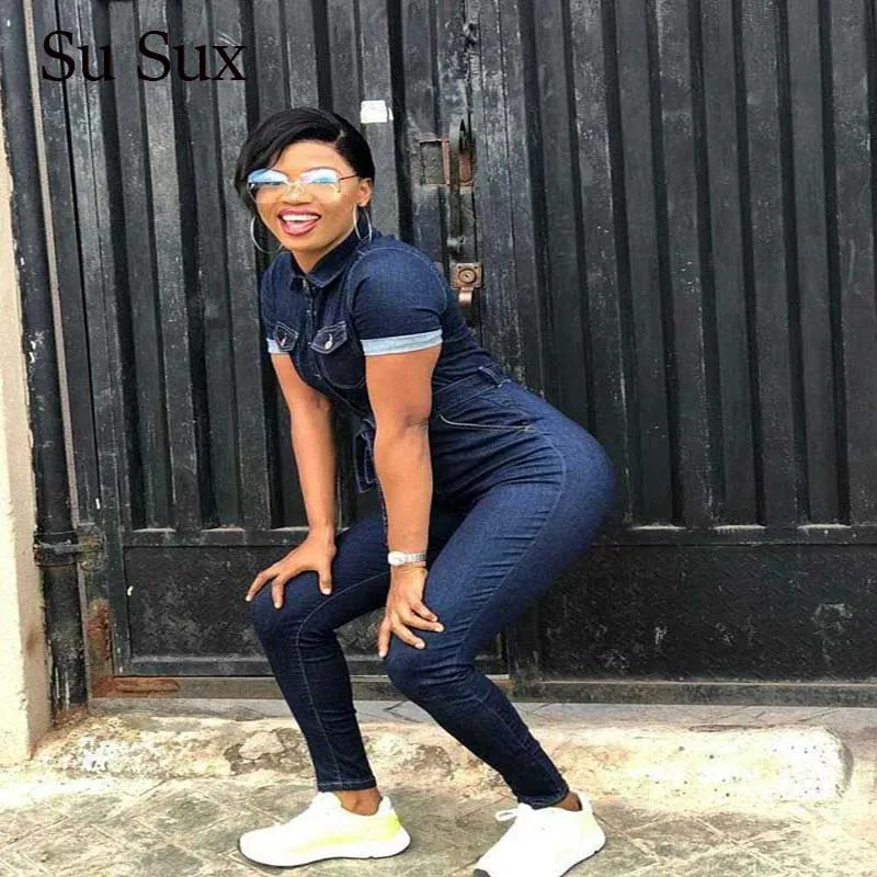 Женский джинсовый комбинезон повседневный Облегающий из денима с отложным