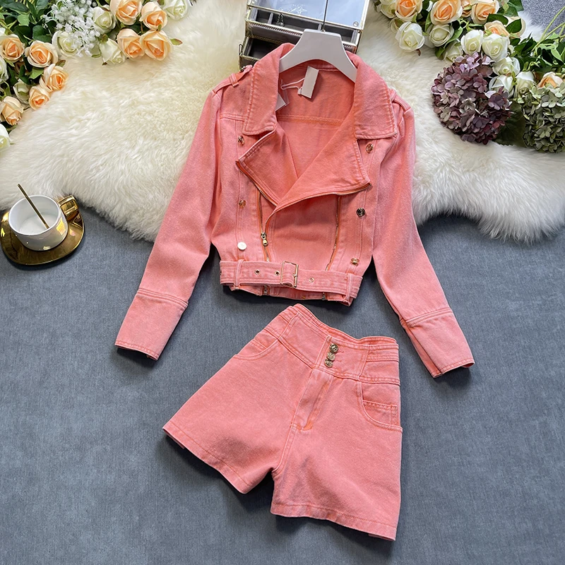 

Amolapha Women Denim Two Piece Sets Casual Long Sleeve Turn-down Collar Short Jackets & High Waist Shorts Suits Female Outfits