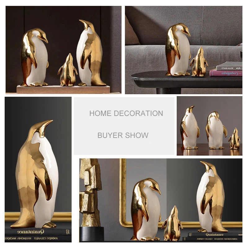 

Home Decoration Animal Sculpture Creative Golden Ceramics Penguin Figurines Office Study Room Decoration Ornament Birthday Gifts