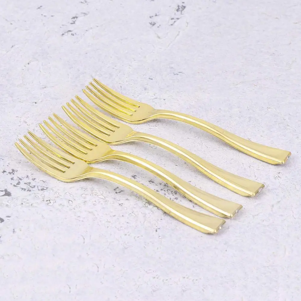 4 дюймовые одноразовые пластиковые мини вилки золотого цвета столовые приборы