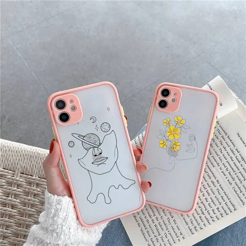 

Sketch line art Phone Cases Matte transparent For Pink iPhone 12 Mini 11 Pro XR XS Max 7 8 Plus X Back Cover