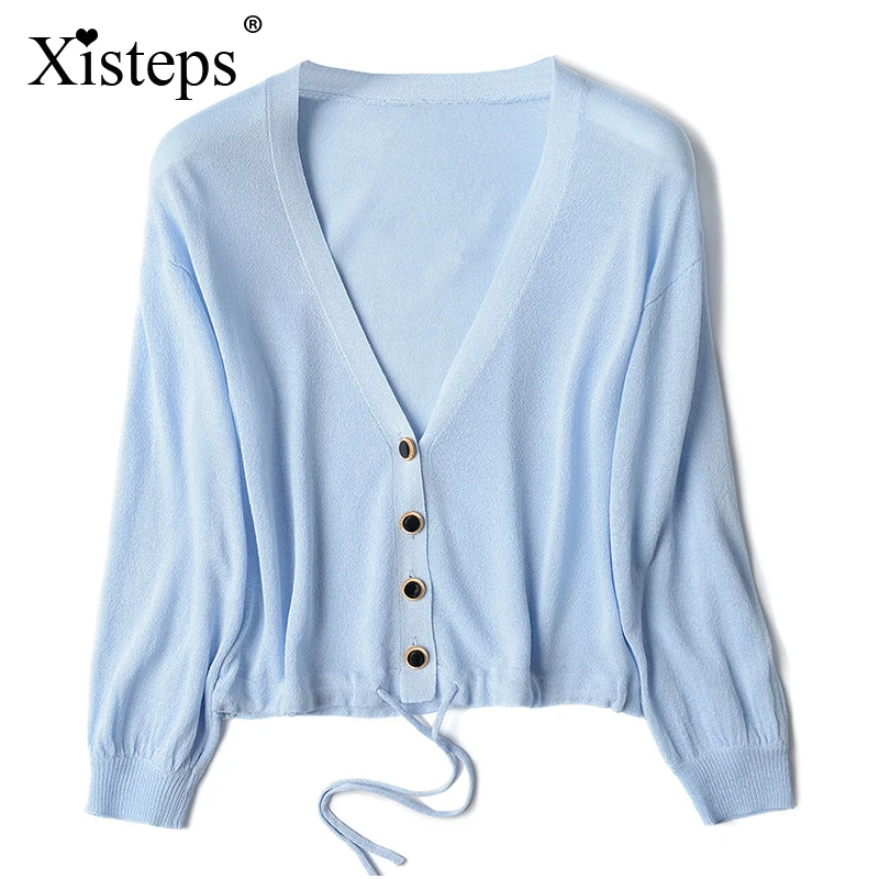 

Женский вязаный кардиган, тонкий свободный короткий свитер на завязках с длинным рукавом и V-образным вырезом, лето 2020