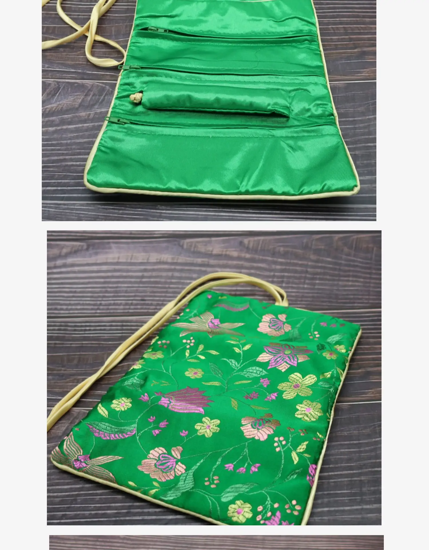 Luxury Portable Jade Silk Satin Flower Jewelry Roll Travel Pouch Cosmetic Makeup Storage Bag  3 Zipper Foldable Women Coin Purse