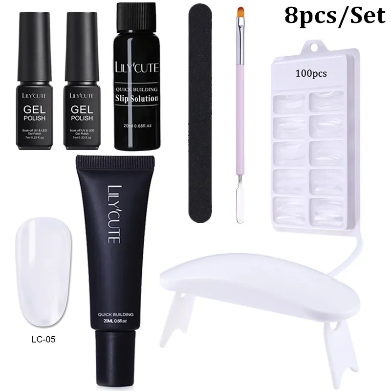 8pcs LC-05 LILYCUTE 20 мл Быстрый гель продлевающий половой акт поли гель для ногтей розовый белый металл с прозрачными кристаллами светодиодный акриловый строительный УФ-гель набор ногтей лампа набор - Цвет: 8pcs LC-05