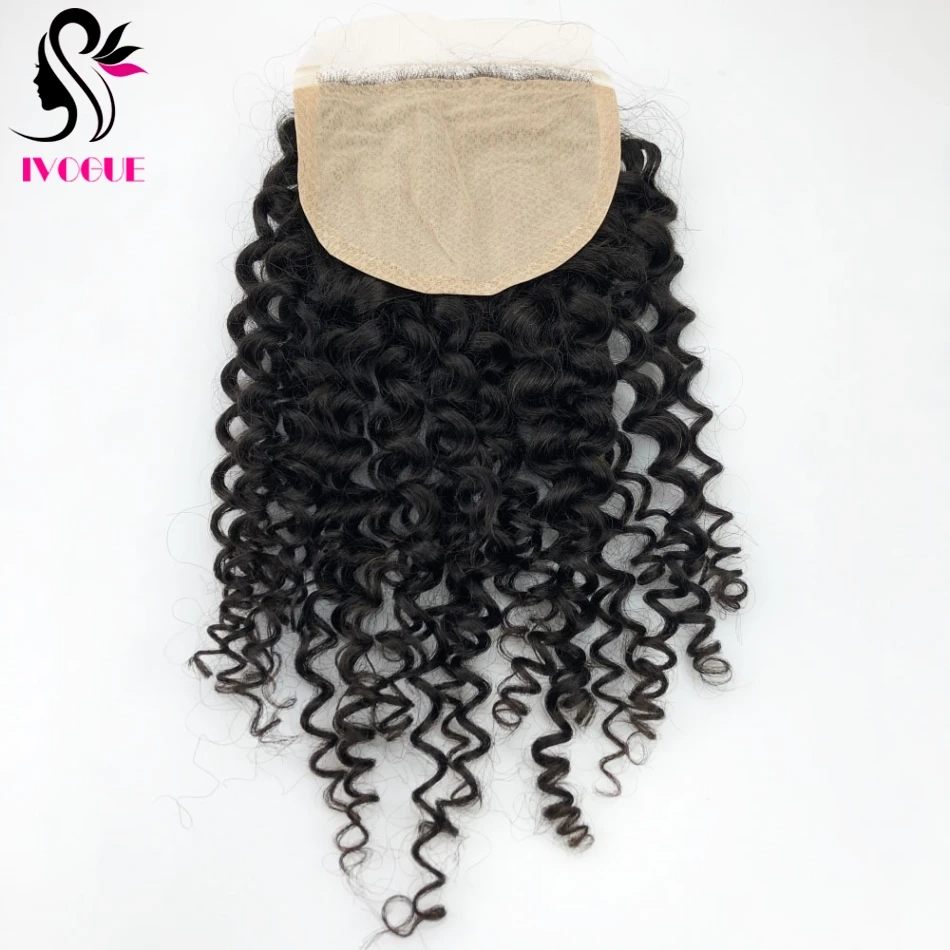 5*5 Kinky Curly Silk Base Lace Closure Human Hair Fake Scalp Silk Top Closure Remy Hair Extensions with Baby Hair Natural Black