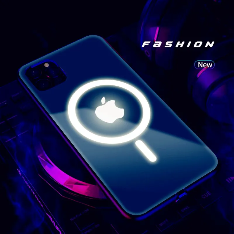

Suitable for iPhone X XS XR 11 12 Pro Max 7 8 Plus 12Mini Mobile Phone Case glass Voice controlled luminous MagSafe Shell Cover