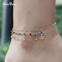 boho initial multicolor crystal heart anklets for women 18k gold love ankle chain bracelet wholesale ankle bracelet jewelry