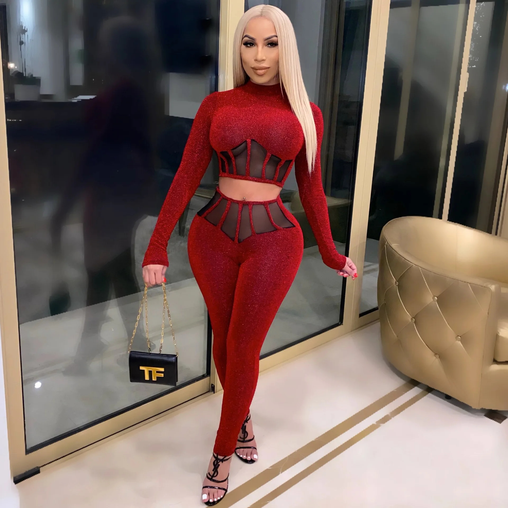 

Women Two Piece Set Casual Sexy Mesh Nylon High Stretch Elastic Waist Solid Pullover O-Neck Short Long Sleeve Full Length