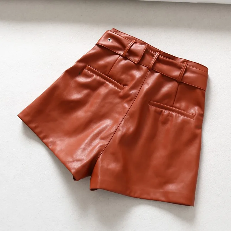 Женские черные 2019 из искусственной кожи с высокой талией поясом широкие шорты