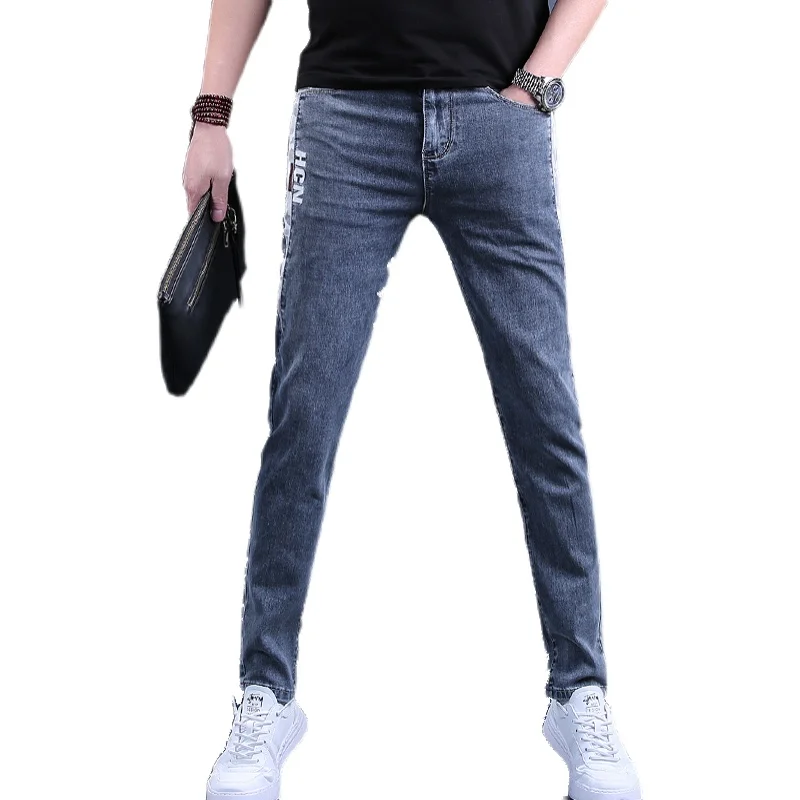 2021 Summer Thin Jeans Men Fashion Blue Gray Slim Fit Pencil Pants Korean Style Casual Spliced Denim Trousers