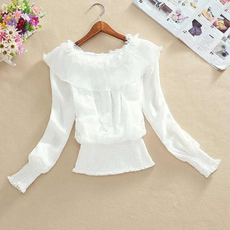 

Women 2020 Spring New Hollow Out Ruffles Chiffon Blouses Female Lace O-neck Long Sleeve Shirts Ladies Loose Casual Blouses X38