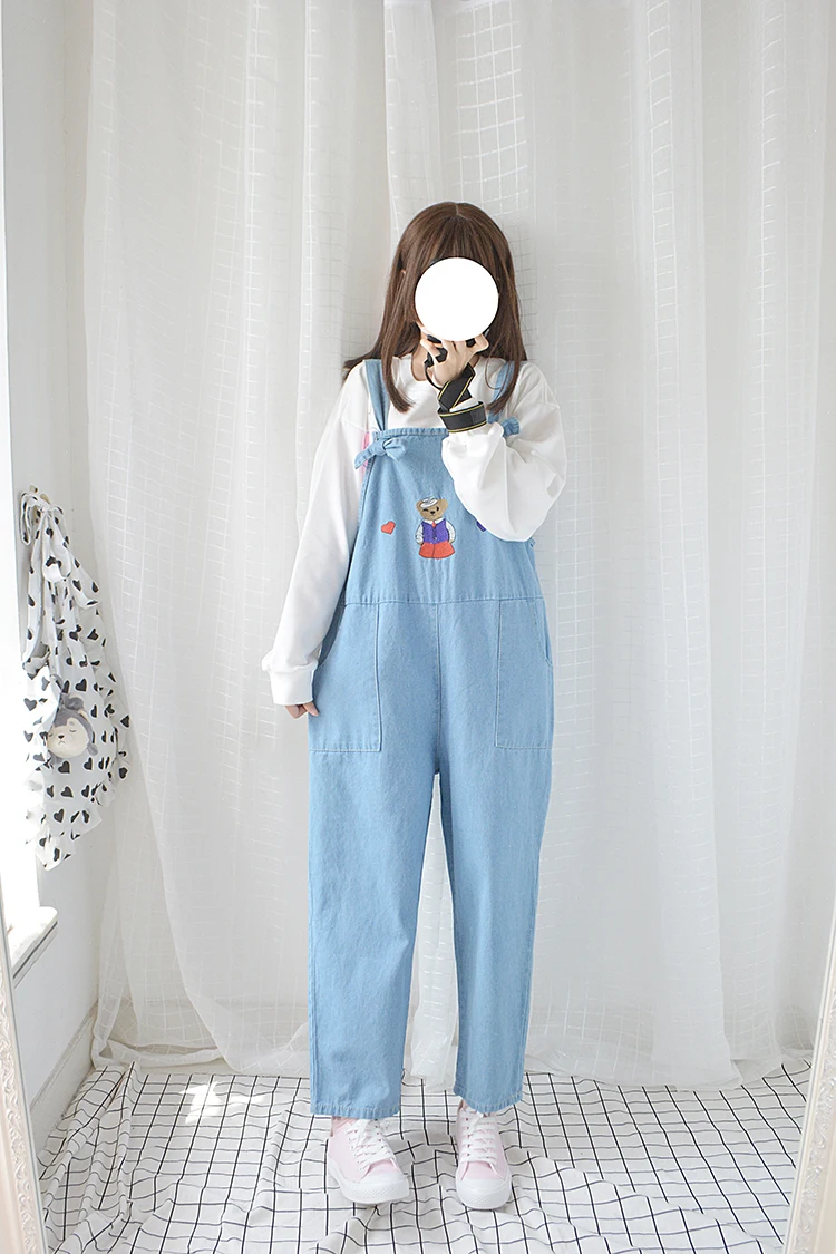 Love Bear Embroidery Big Pockets Women's Jeans Jumpsuits Rompers Casual Pants Trousers Playsuits 2 Colors |