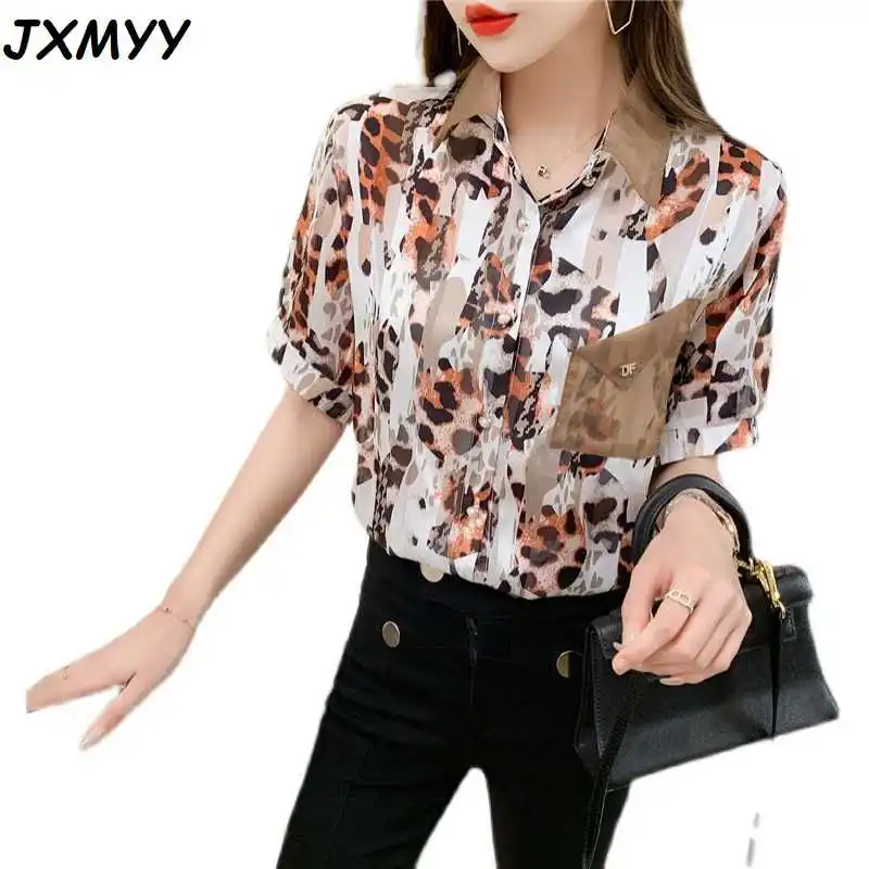 

ICCLEK 2021 summer new fashion temperament leopard print chiffon organza stitching half-sleeved shir