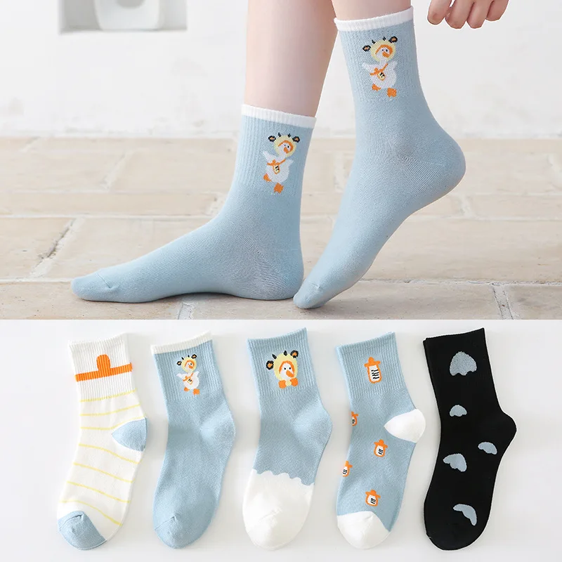 

5 Pairs Blue Crew Socks Women Autumn Winter Yellow Duck Absorb Sweat Breathable Korean Cotton Cartoon Animal Kawaii Sock Woman