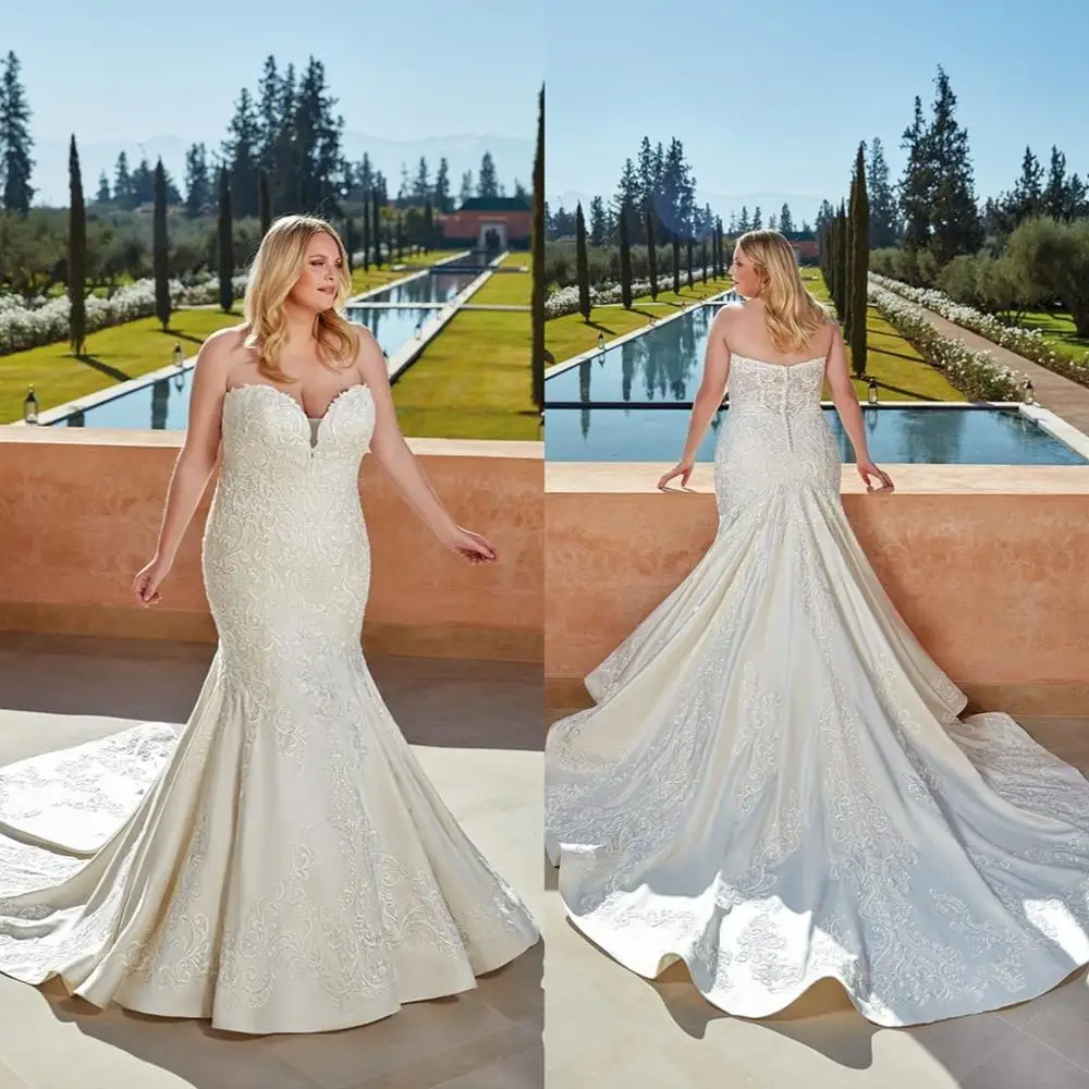 

Romantic Mermaid Wedding Dresses Plus Size Satin Appliqued Sweep Train Beach Wedding Gowns Customize Vestido De Novia