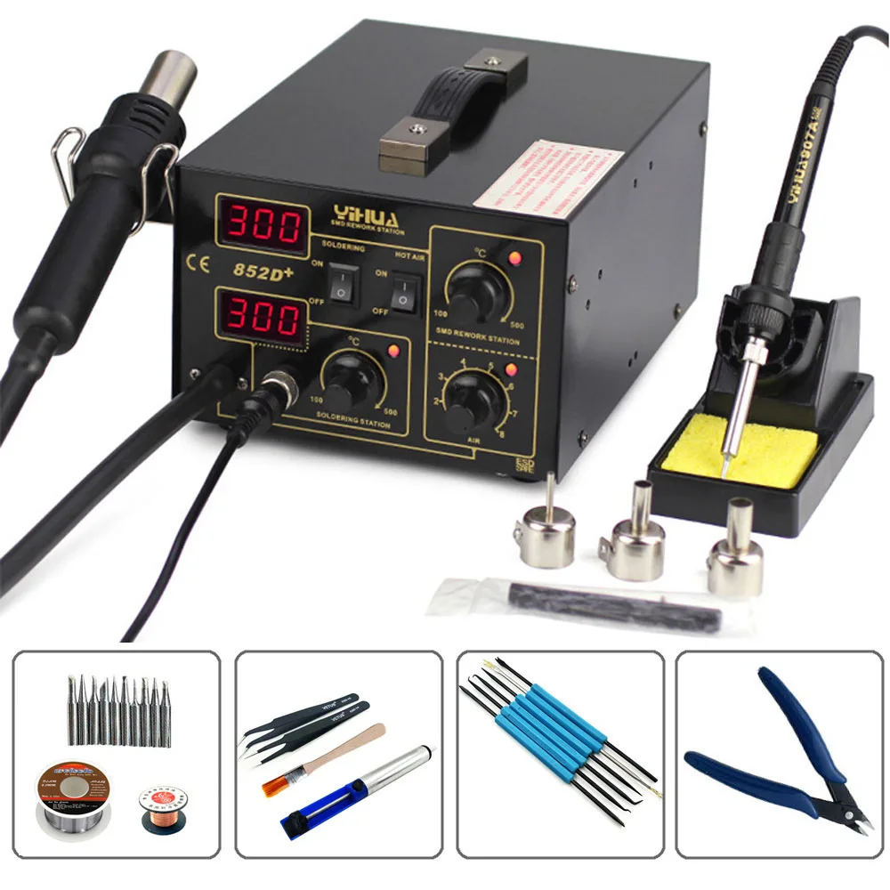 YIHUA 852D+ 2 в 1 насос типа 700 Вт фена Цифровой паяльник паяльная станция SMD постоянная температура паяльная станция