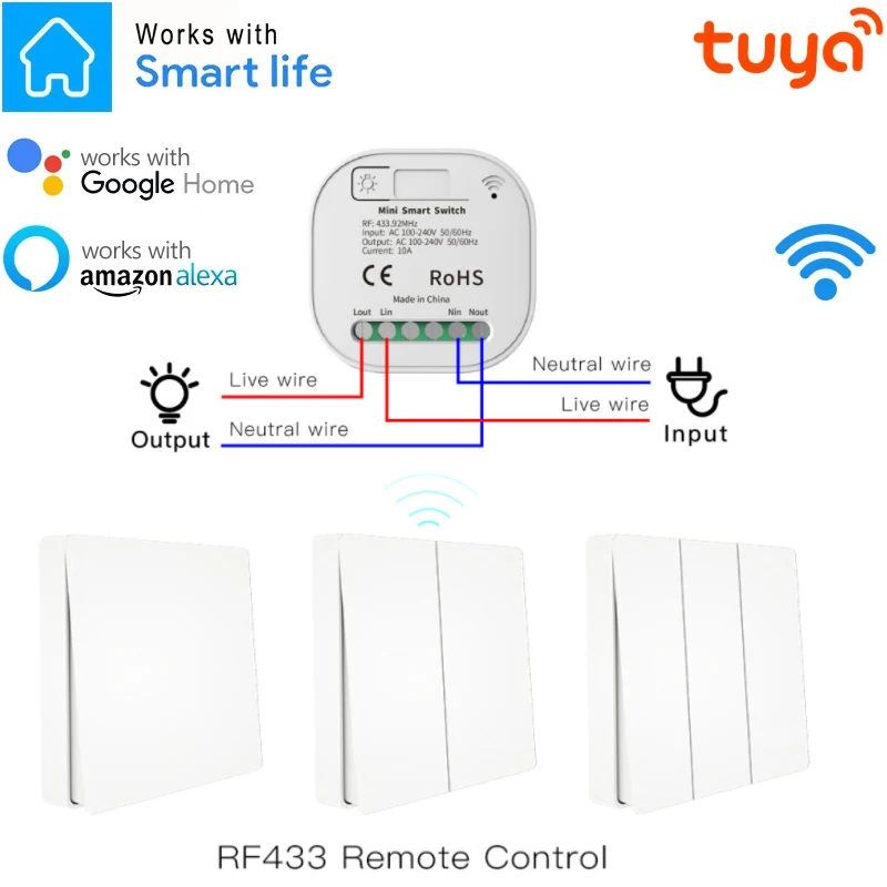 

Tuya RF433 Wireless Smart Switch No Battery Remote Control Light Switch Self Powered No Wiring Needed Wall Panel Transmitter