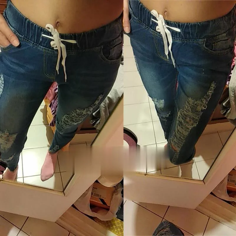 

Light Blue Ripped Jeans for Women 2021 Street Style Sexy Mid Rise Distressed Trouser Stretch Skinny Hole Denim Pencil Pants