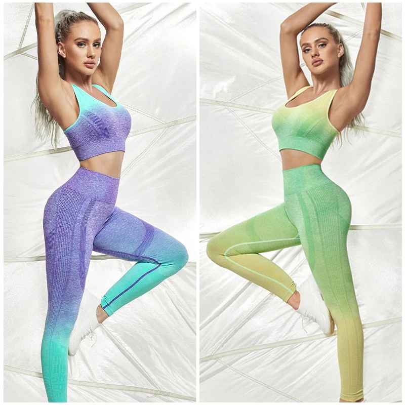 

Бесшовные 2 шт. женские костюм для занятия йогой с высокой талией Спортивные леггинсы + подкладкой бюстгальтеры тренировочные спортивные ко...