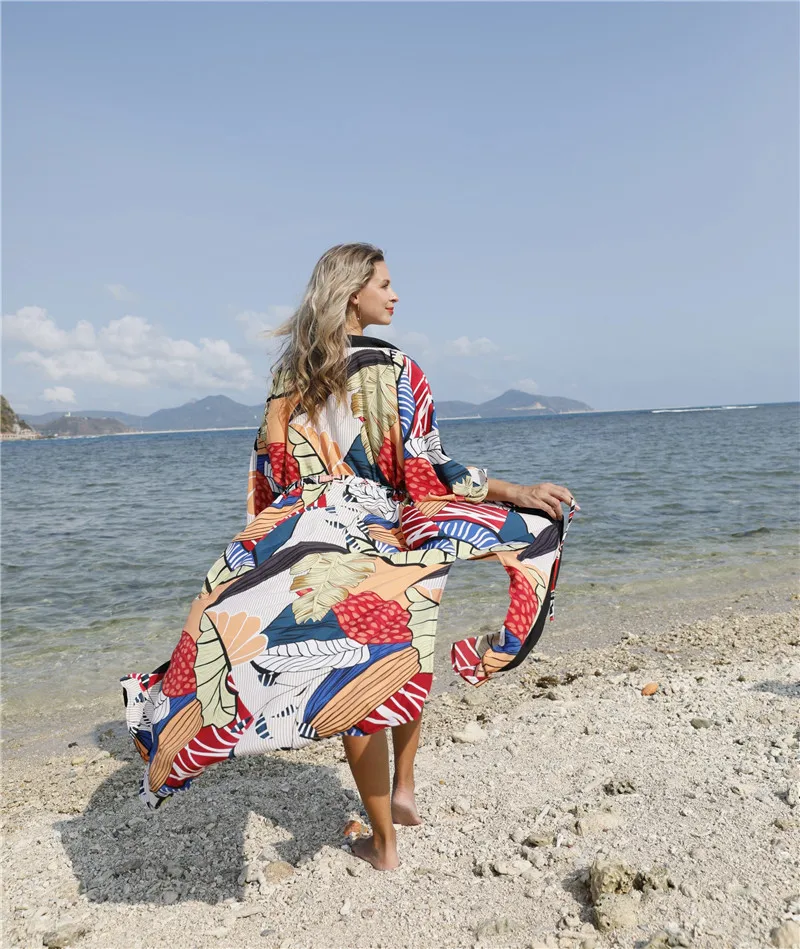 

Tunics For Women Bikini Cover-ups Bohemian Multicolored Printing Long Kimono Cardigans Woman Half Sleeve Beachwear Bathing Suits